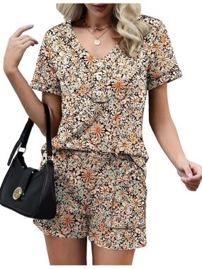 LOMON 2 Piece Short Sleeve Top & Matching Shorts Set Womens L Floral Print NWT